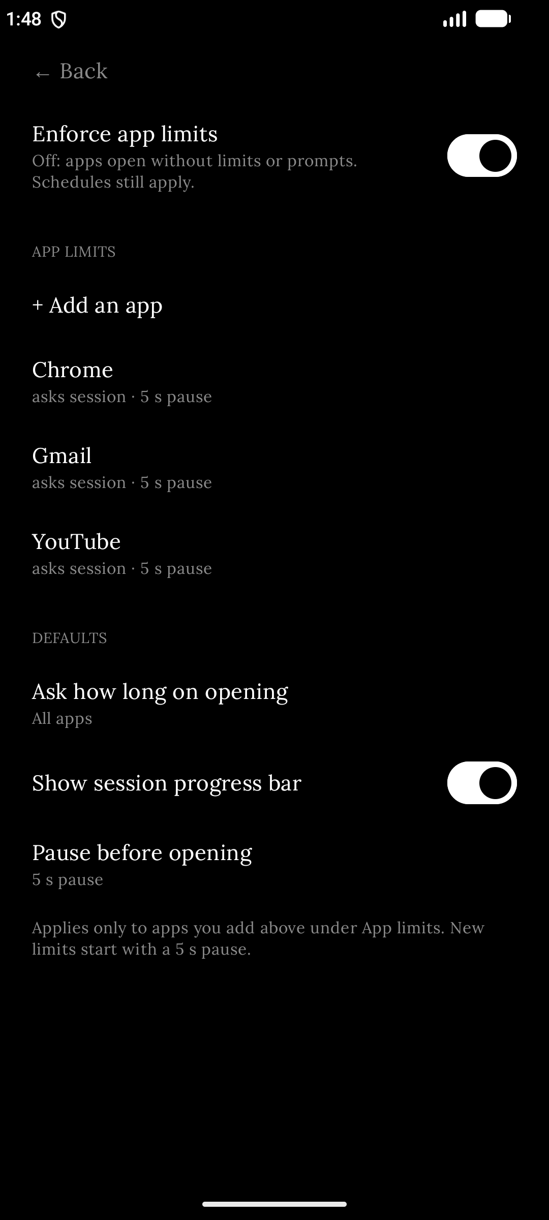 App limits list with Chrome, Gmail and YouTube rules