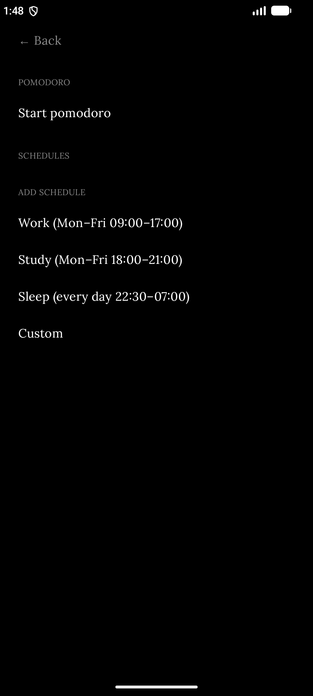 Pomodoro and Work, Study and Sleep focus schedules