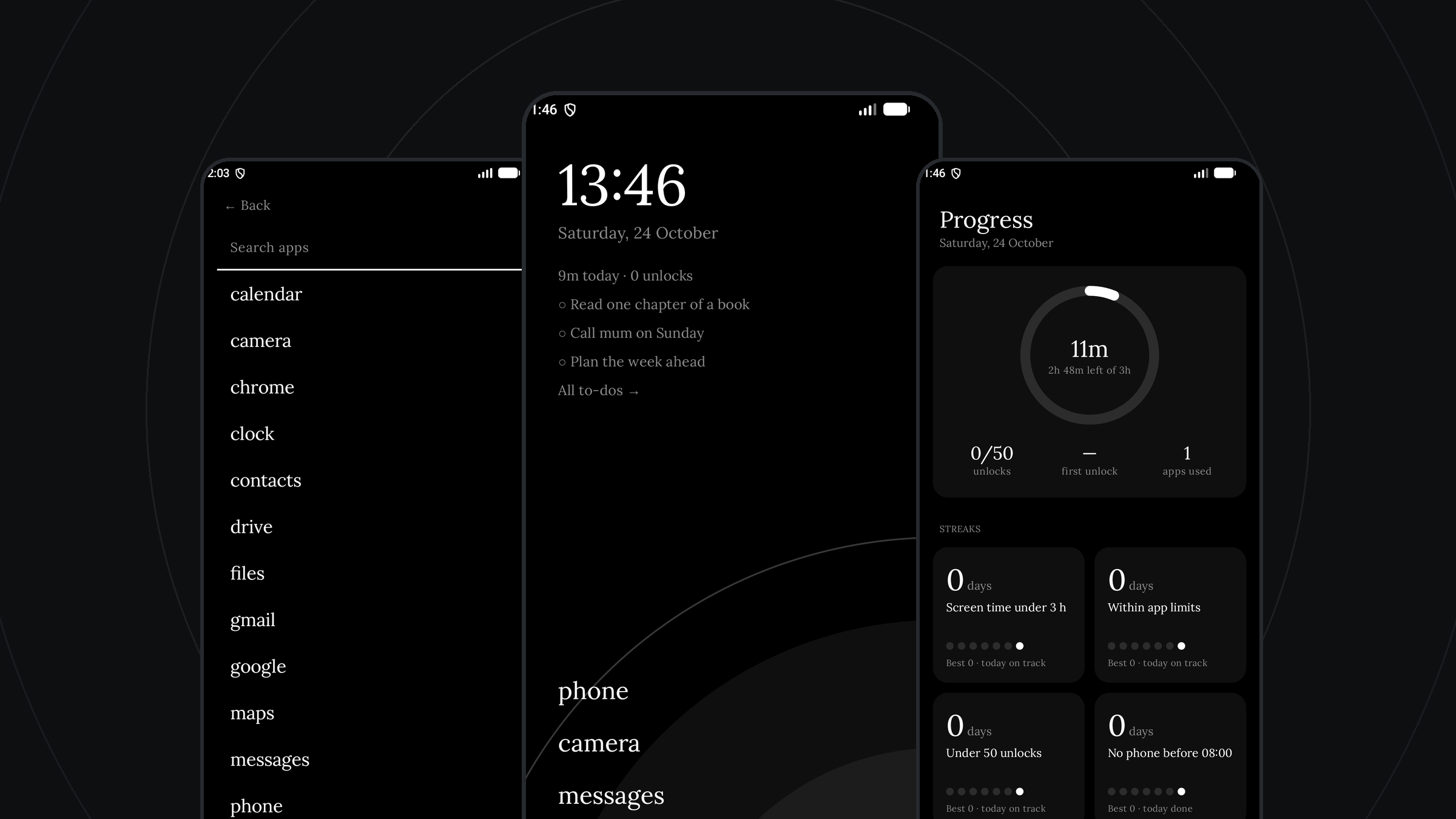 Tarnquil's app drawer, home screen and Progress page side by side