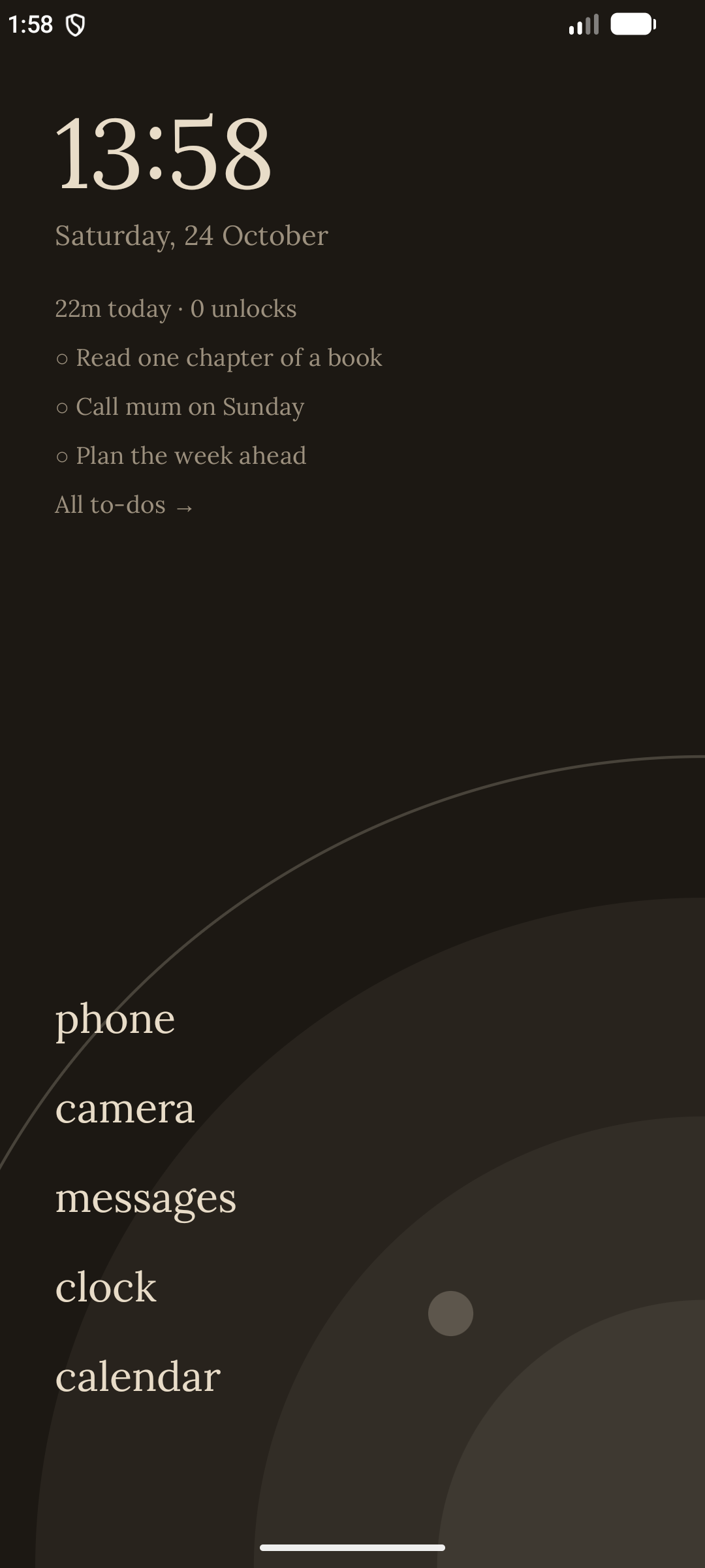 Tarnquil home screen in the Sepia Night theme